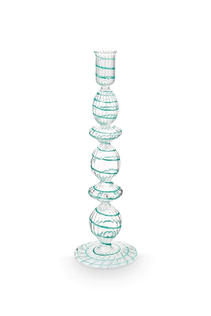 Portacandele in vetro a spirale azzurro 28cm