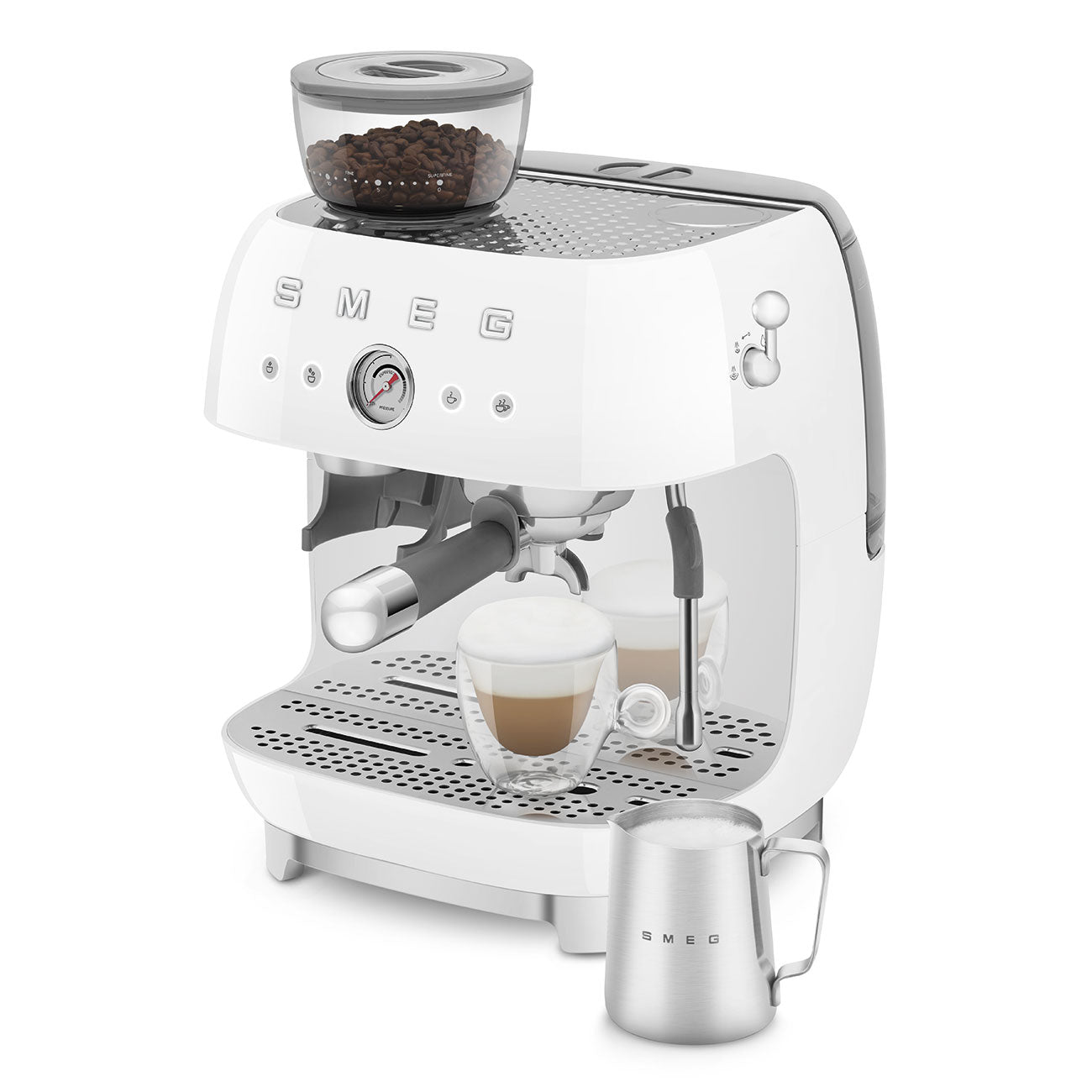 Macchina per Caffè Espresso Manuale con Macinacaffè Integrato Bianca