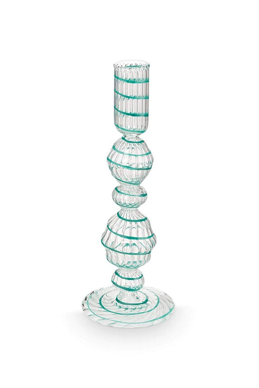 Portacandele in vetro a spirale azzurro 22cm