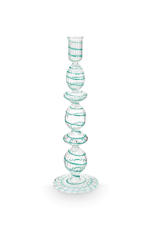 Portacandele in vetro a spirale azzurro 28cm