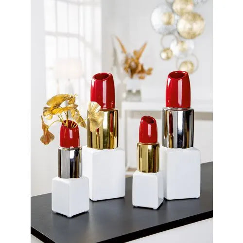 Gilde Vaso Ceramica a Forma di Rossetto Rosso e Argento